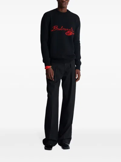 Balmain Virgin Wool Kiss Sweater With Lips Motif In Black