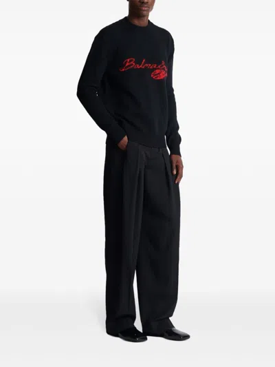 Balmain Virgin Wool Kiss Sweater With Lips Motif In Black