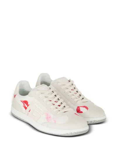 Balmain Swan Sneakers In Leather And Suede Color White And Red In Neutrals