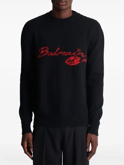 Balmain Virgin Wool Kiss Sweater With Lips Motif In Black