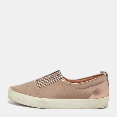 Pre-owned Gina Beige/metallic Calf Hair And Leather Crystal Embellished Slip On Sneakers Size 37