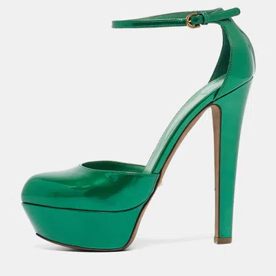 Pre-owned Sergio Rossi Green Patent Leather Ankle Strap Platform Pumps Size 36.5