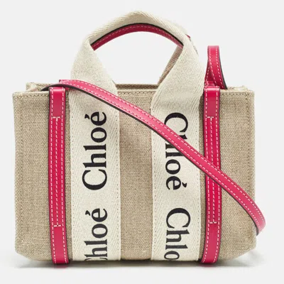 Pre-owned Chloé Pink/beige Canvas And Leather Mini Woody Tote