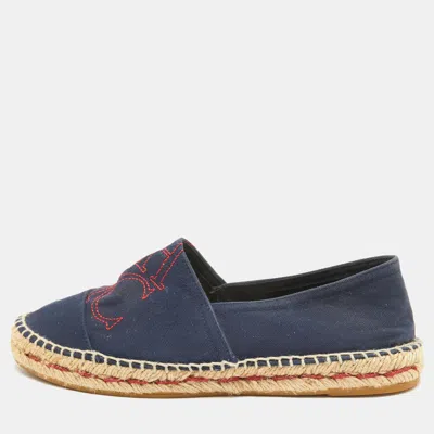 Pre-owned Carolina Herrera Navy Blue Canvas Espadrille Slip On Loafers Size 40