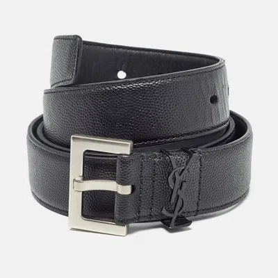 Pre-owned Saint Laurent Black Leather Monogram Buckle Belt 100cm