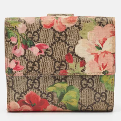 Pre-owned Gucci Pink/beige Gg Supreme Blooms Canvas French Flap Wallet