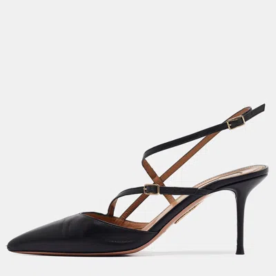 Pre-owned Aquazzura Black Leather Pointed Toe Ankle Strap Pumps Size 39
