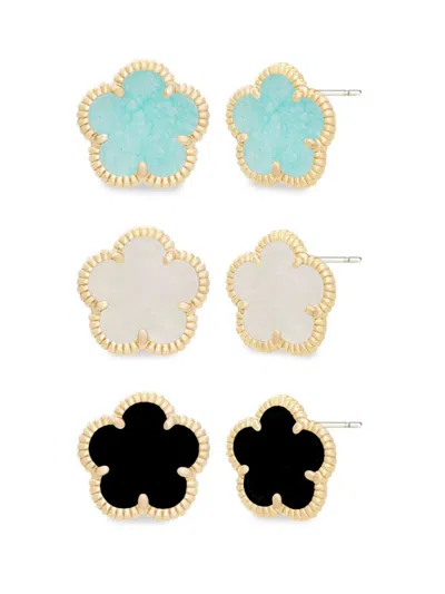 Jankuo Women's Flower Set Of 3 14k Goldplated Stud Earrings In Teal