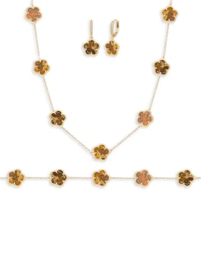 Jankuo Women's Flower 3-piece 14k Goldplated Earrings, Bracelet & Necklace Set In Brass