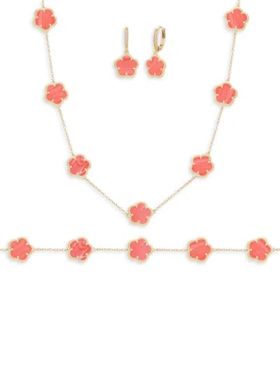 Jankuo Women's Flower 3-piece 14k Goldplated, Cubic Zirconia, Synthetic Stone Bracelet, Earrings & N In Red