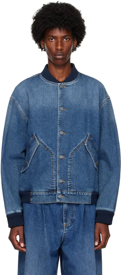 Moschino Blue Barcode Patch Denim Bomber Jacket In Blue