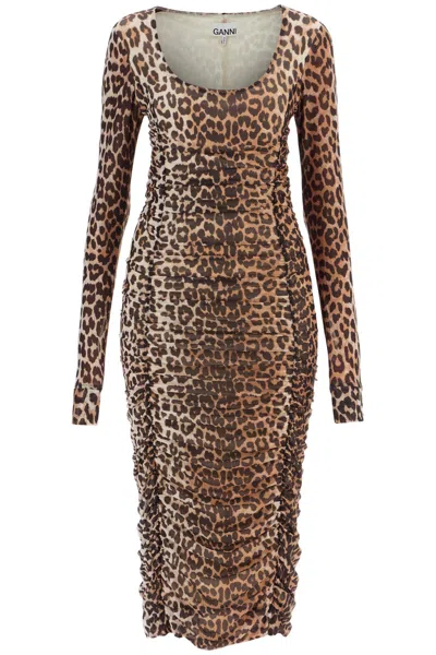 Shop Ganni Abito Midi In Mesh Animalier In Beige