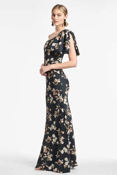 Sachin & Babi Aubrey One-shoulder Floral Satin Charmeuse Body-con Gown In Black Venetia Petal