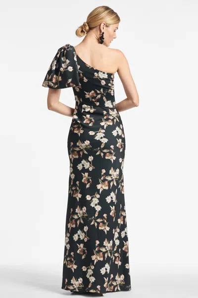 Sachin & Babi Aubrey One-shoulder Floral Satin Charmeuse Body-con Gown In Black Venetia Petal