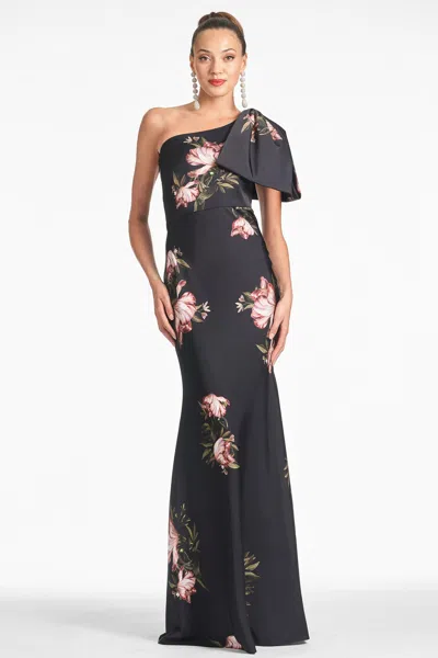 Sachin & Babi Aubrey Floral One-shoulder Satin Crepe Mermaid Gown In Noir Blossom