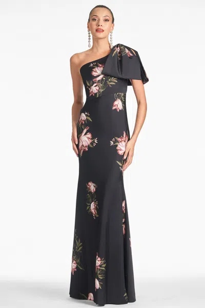 Sachin & Babi Aubrey Floral One-shoulder Satin Crepe Mermaid Gown In Noir Blossom