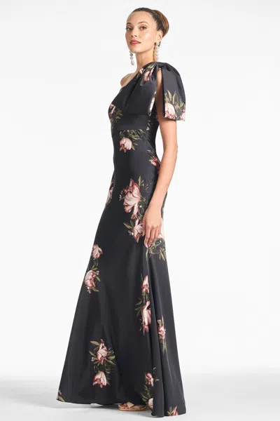 Sachin & Babi Aubrey Floral One-shoulder Satin Crepe Mermaid Gown In Noir Blossom