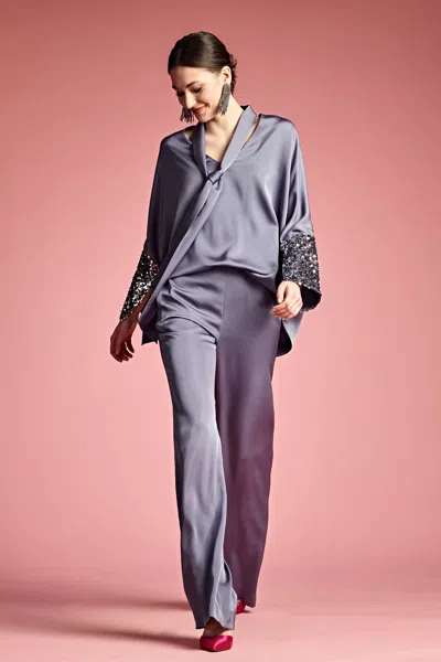 Sachin & Babi Reid Sequin-cuff Tie-neck Satin Crepe Top In Cool Grey
