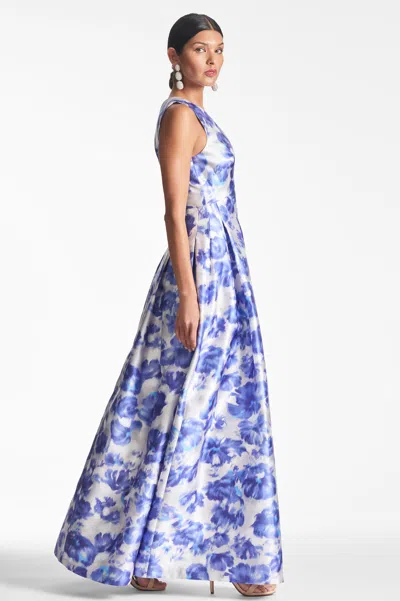Sachin & Babi Brooke Pleated Floral-print Gown In Azure Watercolor Floral