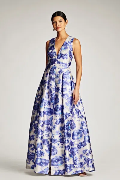 Sachin & Babi Brooke Pleated Floral-print Gown In Azure Watercolor Floral