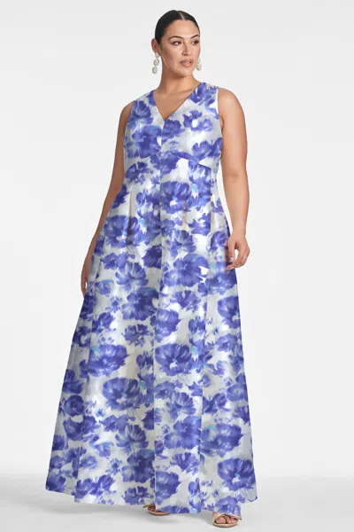 Sachin & Babi Brooke Pleated Floral-print Gown In Azure Watercolor Floral