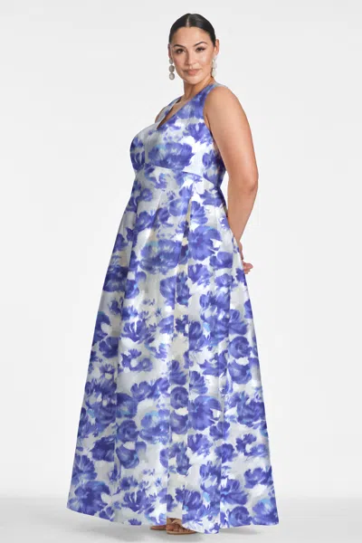 Sachin & Babi Brooke Pleated Floral-print Gown In Azure Watercolor Floral