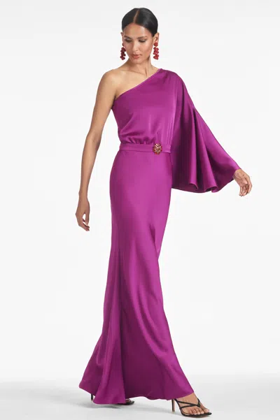 Sachin & Babi Cella One-shoulder Kimono-sleeve Gown In Sparkling Grape
