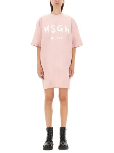 Shop Msgm Dress With Logo In Pink