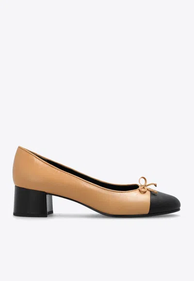 Tory Burch Beige And Black Ballet Flats With Bow Detail And Bi-color Toe In Smooth Leather Woman In Beige