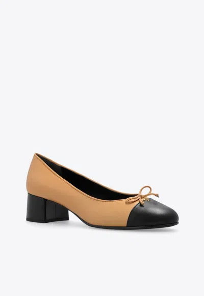 Tory Burch Beige And Black Ballet Flats With Bow Detail And Bi-color Toe In Smooth Leather Woman In Beige