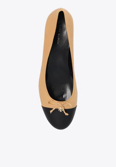 Tory Burch Beige And Black Ballet Flats With Bow Detail And Bi-color Toe In Smooth Leather Woman In Beige
