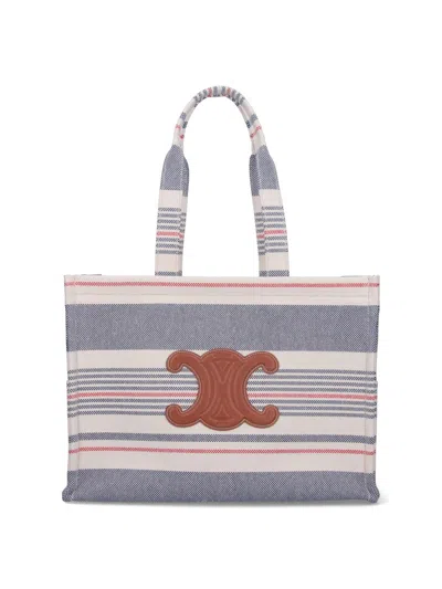 Celine Large Cabas Thais In Striped Textile And Calfskin In Gray