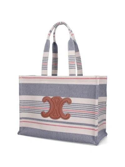 Celine Large Cabas Thais In Striped Textile And Calfskin In Gray