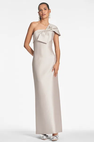 Sachin & Babi Ines One-shoulder Bow Column Gown In Frosty Pewter
