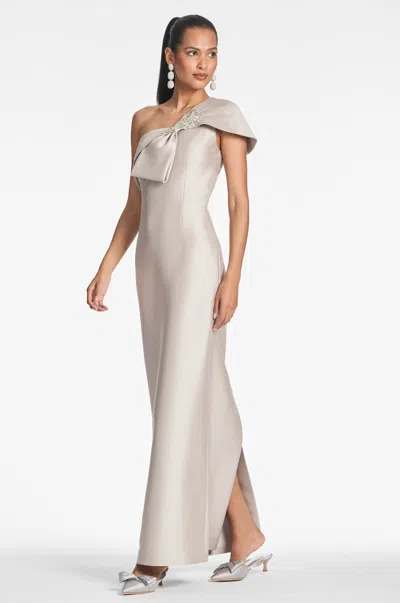 Sachin & Babi Ines One-shoulder Bow Column Gown In Frosty Pewter