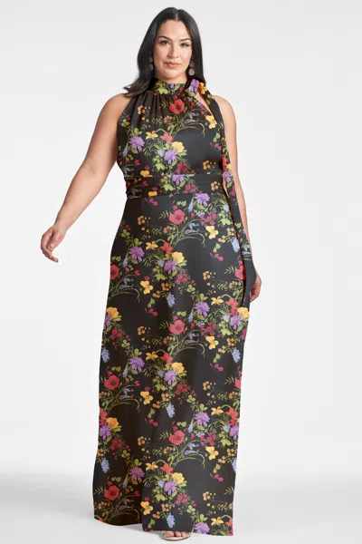 Sachin & Babi Kayla Floral Crinkle Georgette Gown In Noir Wildflower