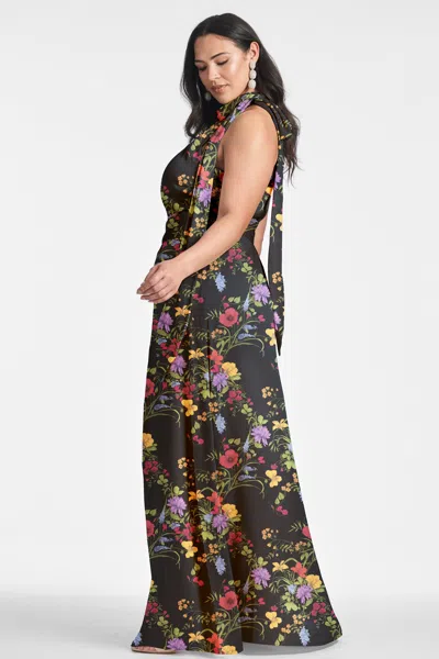 Sachin & Babi Kayla Floral Crinkle Georgette Gown In Noir Wildflower