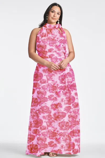 Sachin & Babi Kayla Floral-print Chiffon Halter Gown In Pink Fantasia Bloom