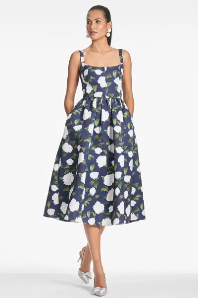 Sachin & Babi Olena Floral Mikado Midi Cocktail Dress In Navy/ivory Moonlit Garden