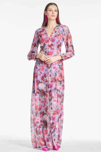 Sachin & Babi Penny Long Sleeve Chiffon A-line Gown In Pink/periwinkle Dahlia