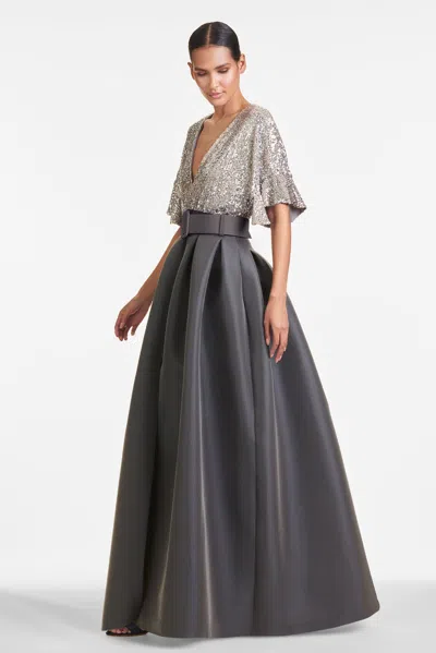 Sachin & Babi Simone Sequin Gown W/ Pleated Skirt In Charcoal