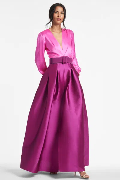 Sachin & Babi Zoe Belted Satin Gown In Pink & Magenta
