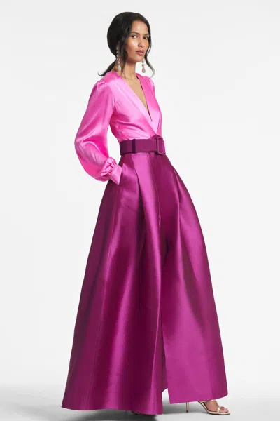 Sachin & Babi Zoe Belted Satin Gown In Pink & Magenta