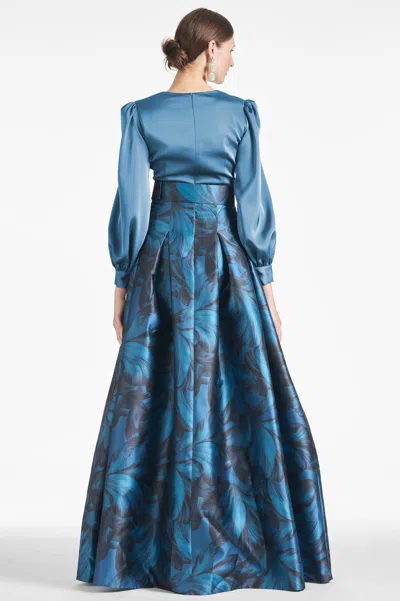 Sachin & Babi Zoe Floral Belted Long Sleeve Gown In Smokey Slate/tonal Petal
