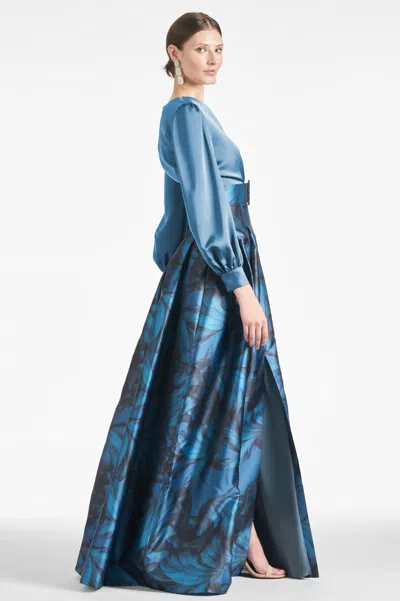 Sachin & Babi Zoe Floral Belted Long Sleeve Gown In Smokey Slate/tonal Petal