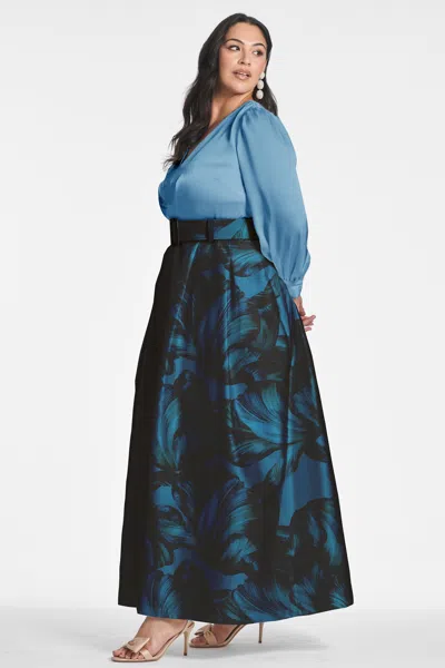 Sachin & Babi Zoe Floral Belted Long Sleeve Gown In Smokey Slate/tonal Petal
