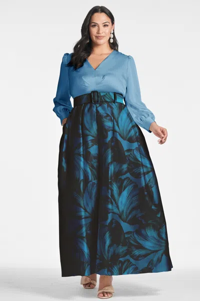 Sachin & Babi Zoe Floral Belted Long Sleeve Gown In Smokey Slate/tonal Petal