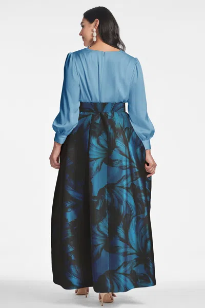 Sachin & Babi Zoe Floral Belted Long Sleeve Gown In Smokey Slate/tonal Petal