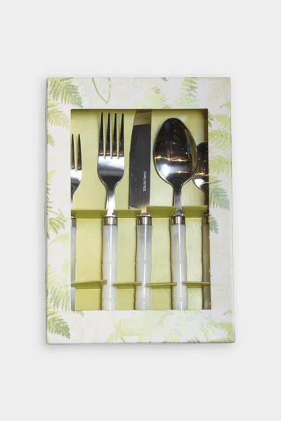Caspari Bamboo Handle 5-piece Stainless Steel Picnicware Set In White