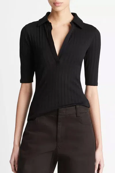 Vince Elbow-sleeve Silk Rib Polo Shirt